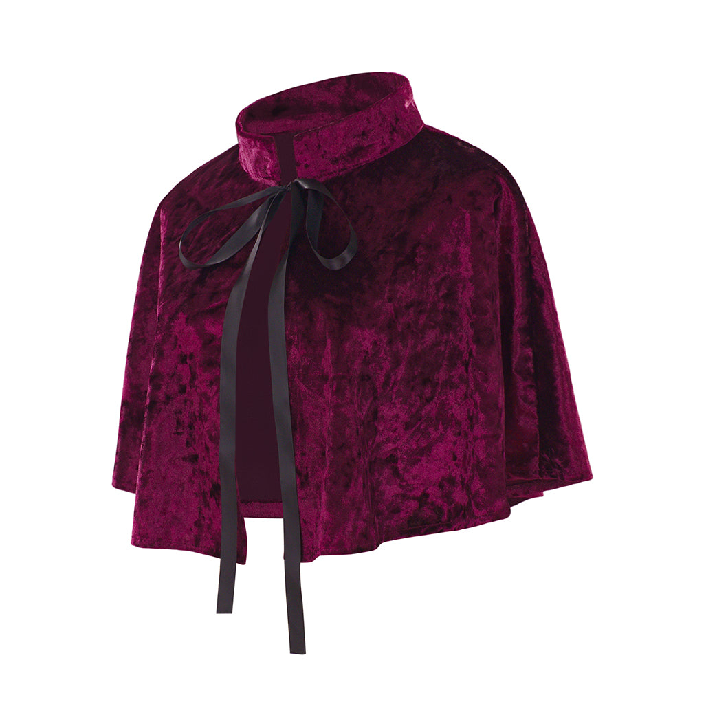 Medieval Style Deep Magenta Velvet Capelet with Black Bow Neckline for Historical Reenactments Cosplay Events Medieval Halloween Christmas