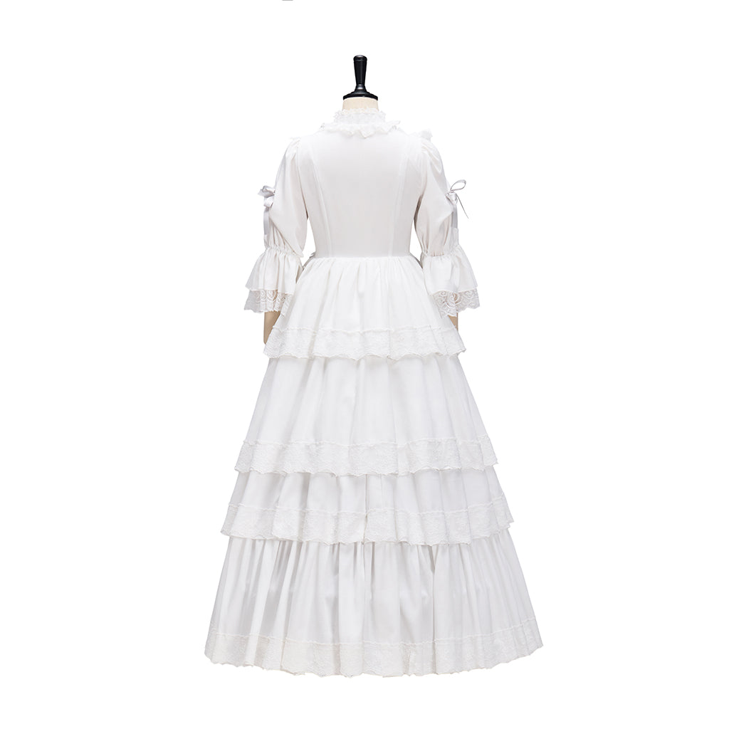 Regency Style White Long Sleeved Tiered Ruffled Empire Waist Gown for Historical Reenactments Theatrical Halloween Celebrations
