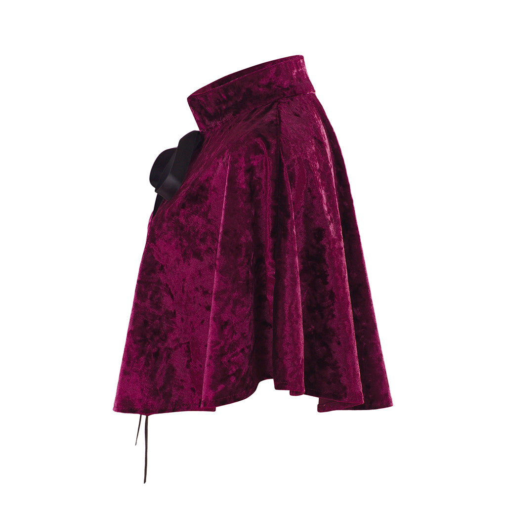 Medieval Style Deep Magenta Velvet Capelet with Black Bow Neckline for Historical Reenactments Cosplay Events Medieval Halloween Christmas