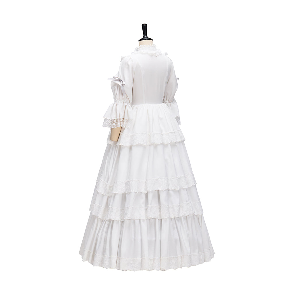 Regency Style White Long Sleeved Tiered Ruffled Empire Waist Gown for Historical Reenactments Theatrical Halloween Celebrations