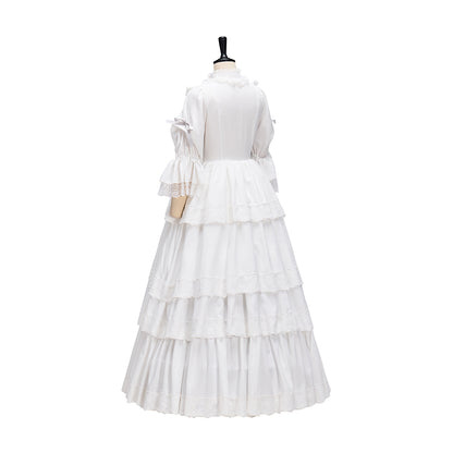 Regency Style White Long Sleeved Tiered Ruffled Empire Waist Gown for Historical Reenactments Theatrical Halloween Celebrations