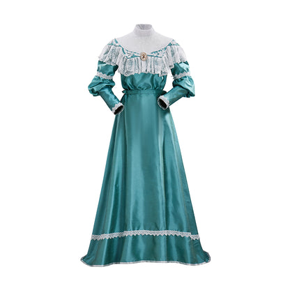 Victorian Teal Satin Gown with Lace Trimmed Neckline Lace Cuffed Sleeves for Victorian Themed Events Halloween and Christmas Celebrations
