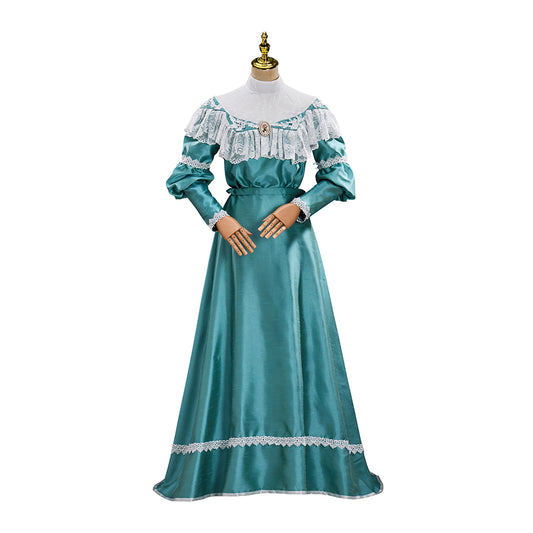 Victorian Teal Satin Gown with Lace Trimmed Neckline Lace Cuffed Sleeves for Victorian Themed Events Halloween and Christmas Celebrations