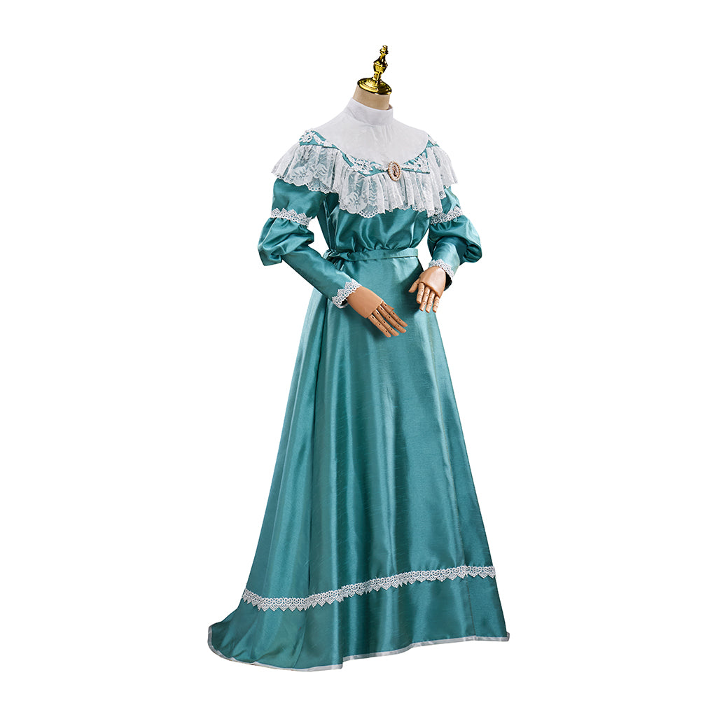 Victorian Teal Satin Gown with Lace Trimmed Neckline Lace Cuffed Sleeves for Victorian Themed Events Halloween and Christmas Celebrations