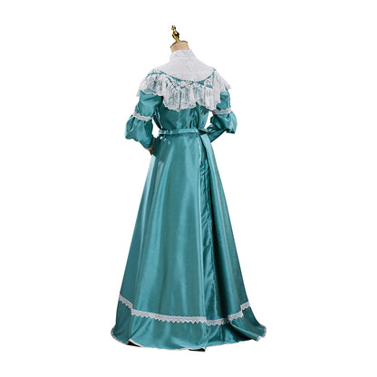 Victorian Teal Satin Gown with Lace Trimmed Neckline Lace Cuffed Sleeves for Victorian Themed Events Halloween and Christmas Celebrations