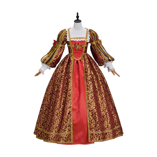 Renaissance Crimson and Gold Brocade Gown with Corset  style Bodice Puffed Sleeves for Historical Reenactments Halloween and Christmas