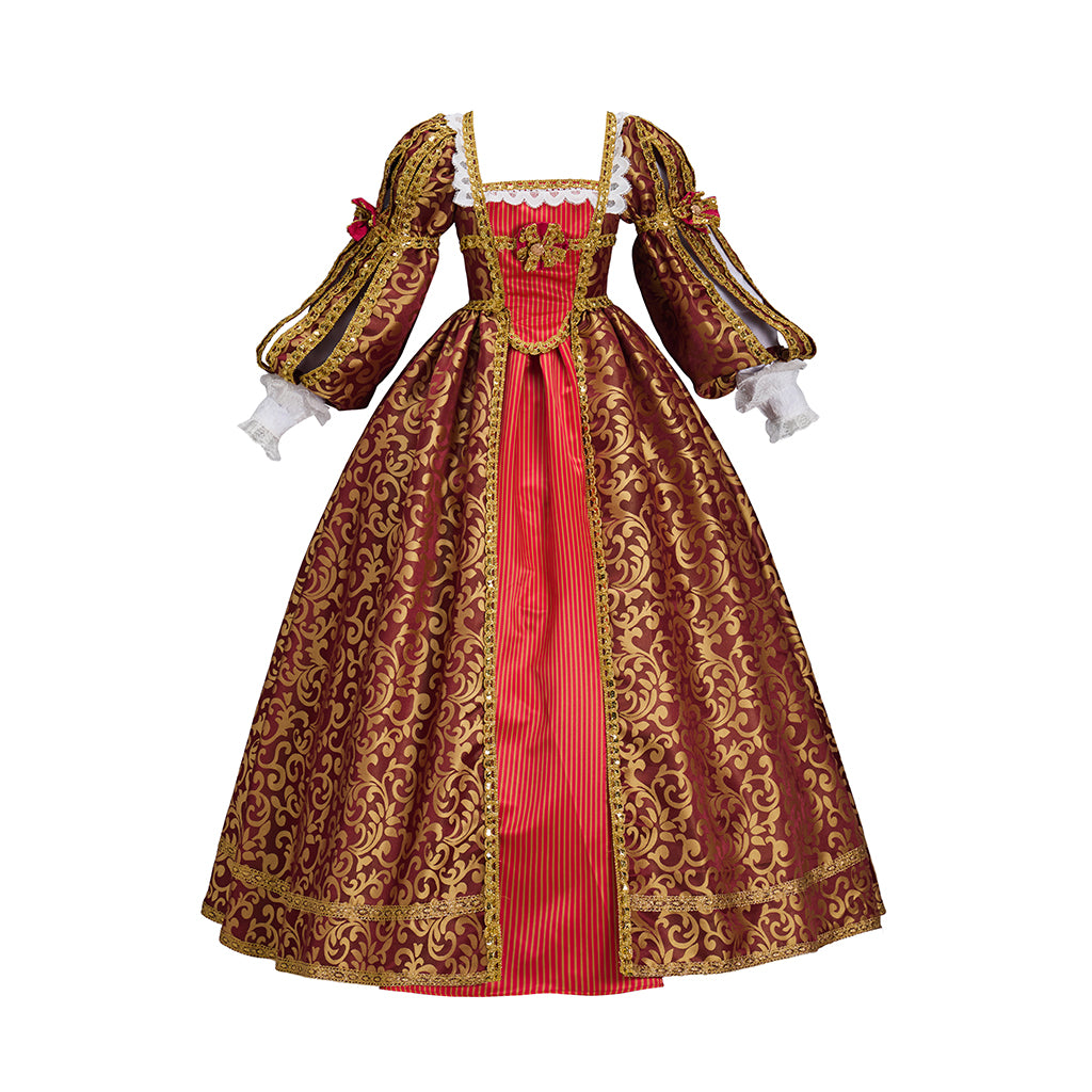 Renaissance Crimson and Gold Brocade Gown with Corset  style Bodice Puffed Sleeves for Historical Reenactments Halloween and Christmas
