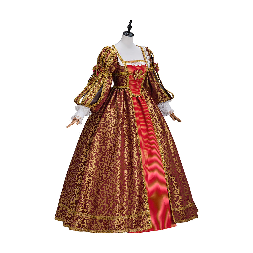 Renaissance Crimson and Gold Brocade Gown with Corset  style Bodice Puffed Sleeves for Historical Reenactments Halloween and Christmas