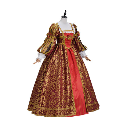 Renaissance Crimson and Gold Brocade Gown with Corset  style Bodice Puffed Sleeves for Historical Reenactments Halloween and Christmas