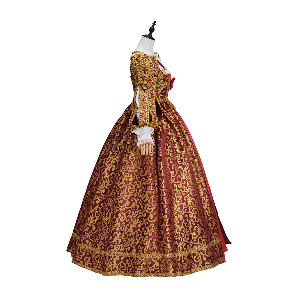 Renaissance Crimson and Gold Brocade Gown with Corset  style Bodice Puffed Sleeves for Historical Reenactments Halloween and Christmas