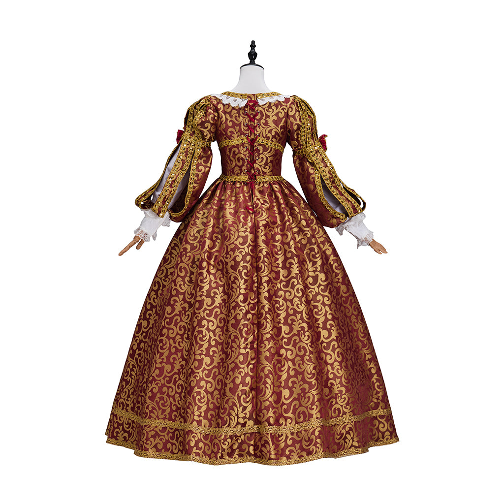 Renaissance Crimson and Gold Brocade Gown with Corset  style Bodice Puffed Sleeves for Historical Reenactments Halloween and Christmas