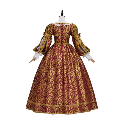 Renaissance Crimson and Gold Brocade Gown with Corset  style Bodice Puffed Sleeves for Historical Reenactments Halloween and Christmas