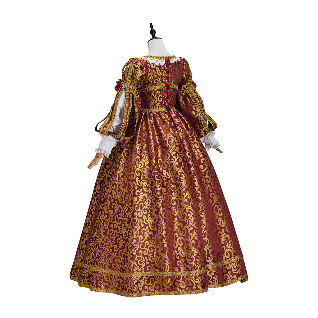 Renaissance Crimson and Gold Brocade Gown with Corset  style Bodice Puffed Sleeves for Historical Reenactments Halloween and Christmas