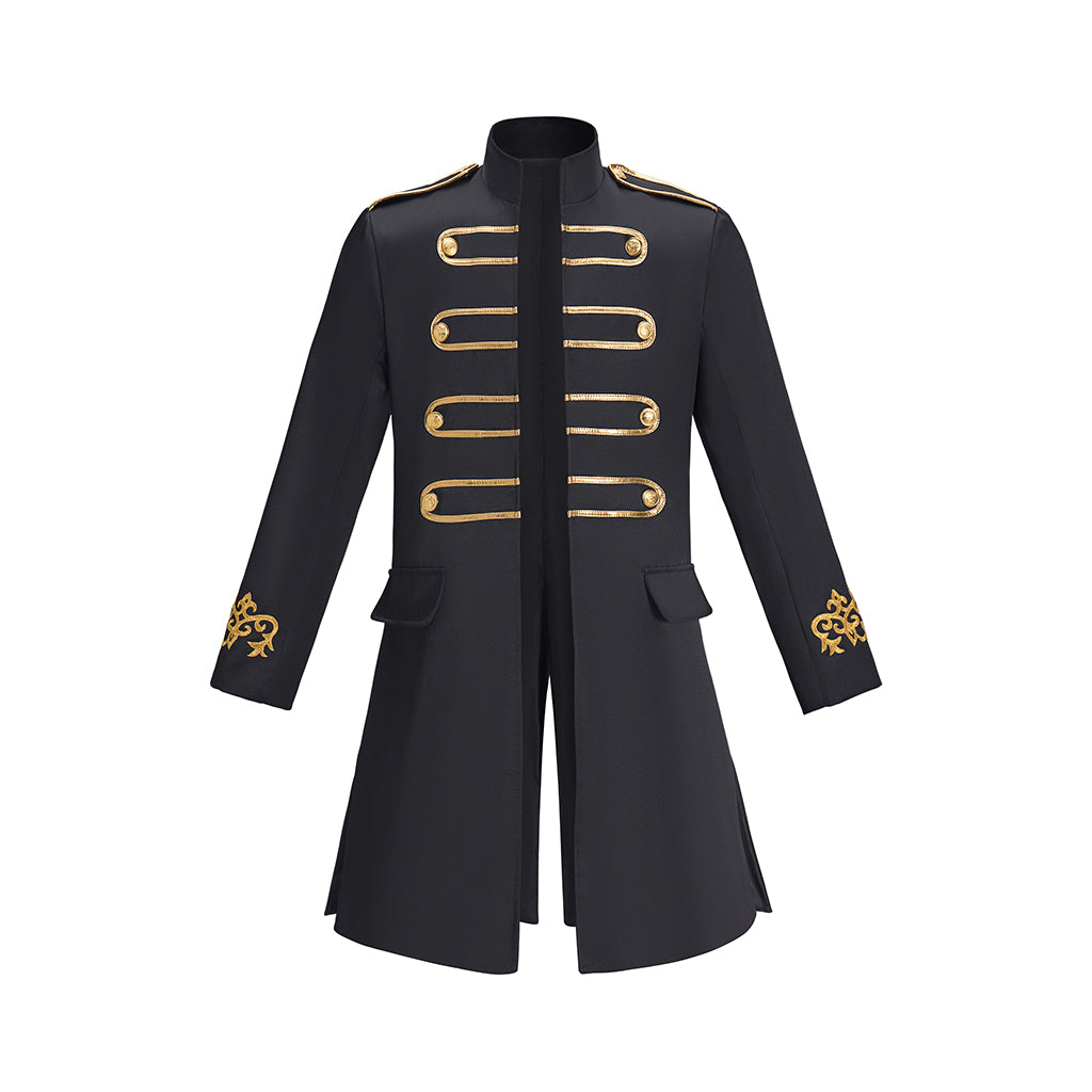 Medieval Black Military Style Gold Trimmed Tailored Coat with Gold Buttons for Historical Reenactments Theatrical Performances Halloween Celebrations