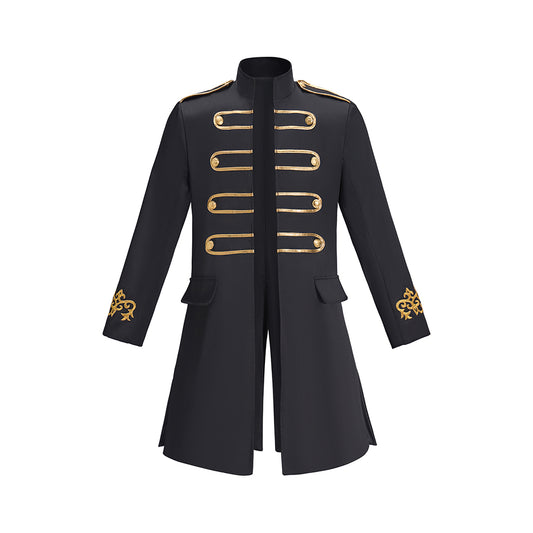 Medieval Black Military Style Gold Trimmed Tailored Coat with Gold Buttons for Historical Reenactments Theatrical Performances Halloween Celebrations