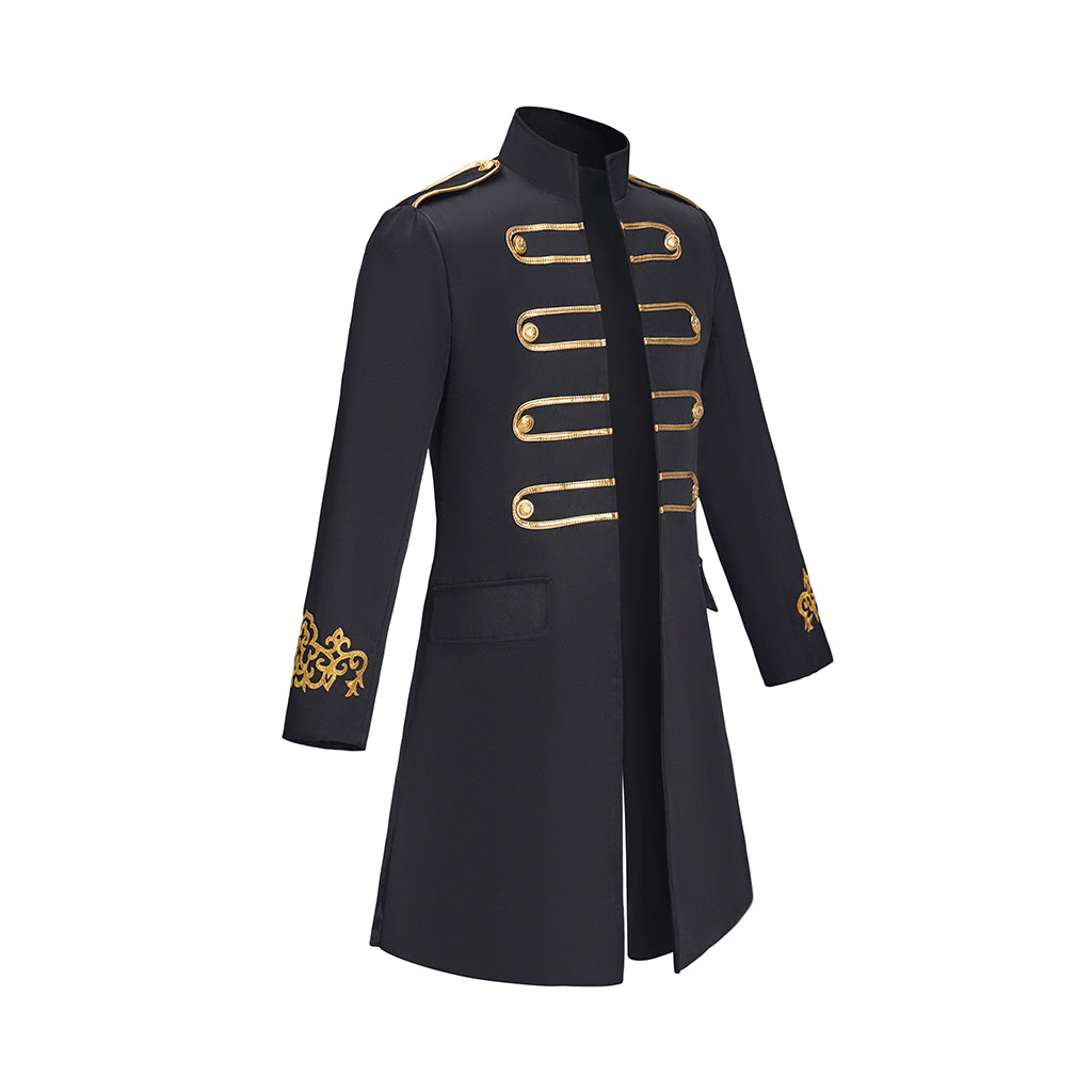 Medieval Black Military Style Gold Trimmed Tailored Coat with Gold Buttons for Historical Reenactments Theatrical Performances Halloween Celebrations