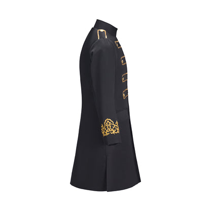 Medieval Black Military Style Gold Trimmed Tailored Coat with Gold Buttons for Historical Reenactments Theatrical Performances Halloween Celebrations