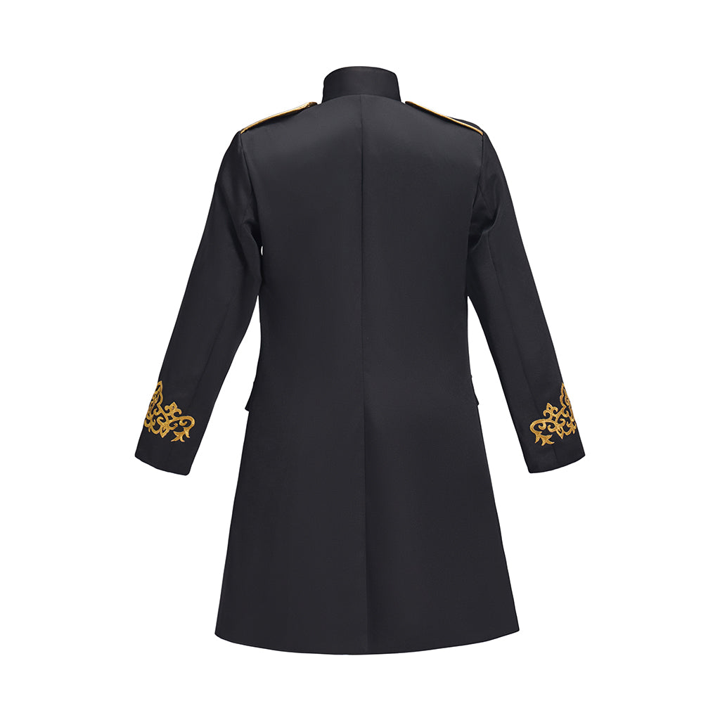 Medieval Black Military Style Gold Trimmed Tailored Coat with Gold Buttons for Historical Reenactments Theatrical Performances Halloween Celebrations
