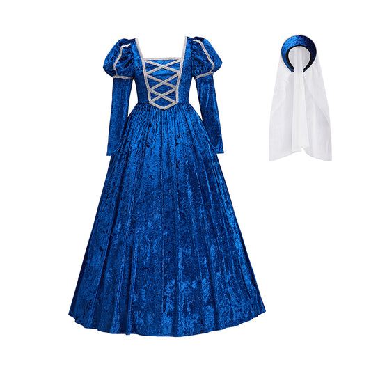 Medieval Style Royal Blue Velvet Gown with Square Neckline Long Sleeves for Historical Medieval Cosplay Theatrical Performances Halloween Christmas
