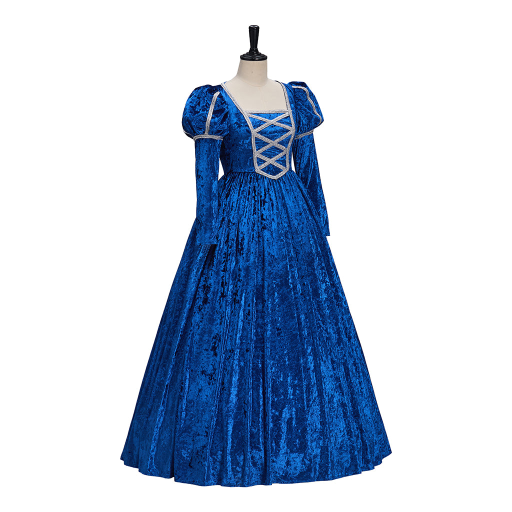 Medieval Style Royal Blue Velvet Gown with Square Neckline Long Sleeves for Historical Medieval Cosplay Theatrical Performances Halloween Christmas