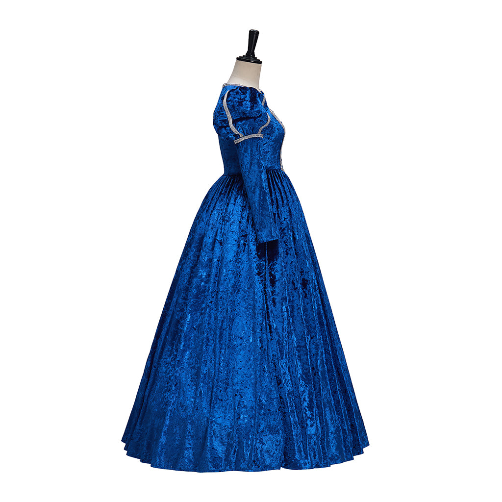 Medieval Style Royal Blue Velvet Gown with Square Neckline Long Sleeves for Historical Medieval Cosplay Theatrical Performances Halloween Christmas