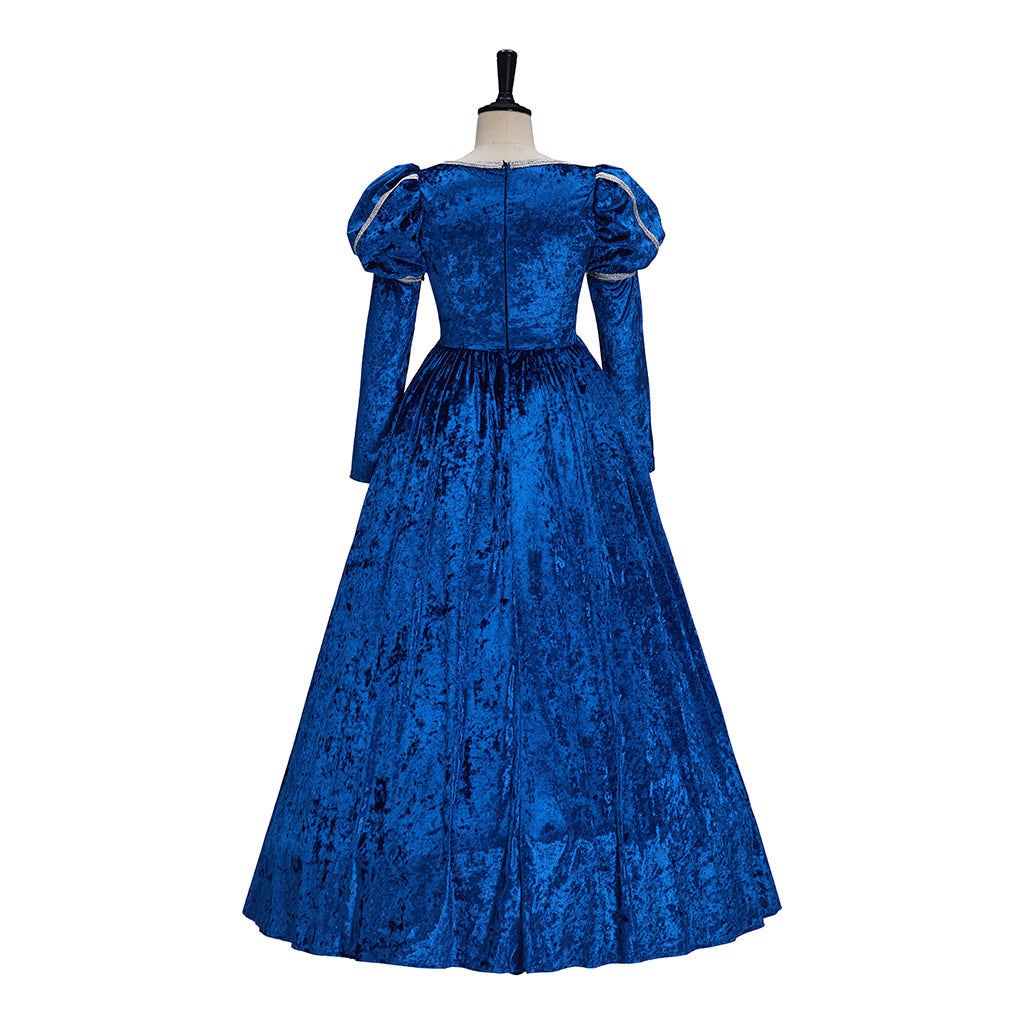 Medieval Style Royal Blue Velvet Gown with Square Neckline Long Sleeves for Historical Medieval Cosplay Theatrical Performances Halloween Christmas