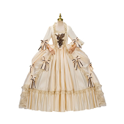 Rococo Style Beige Satin Gown with Puff Sleeves Bow Embellishments Layered Flared Skirt for Historical Reenactments Royal Court  Halloween Christmas