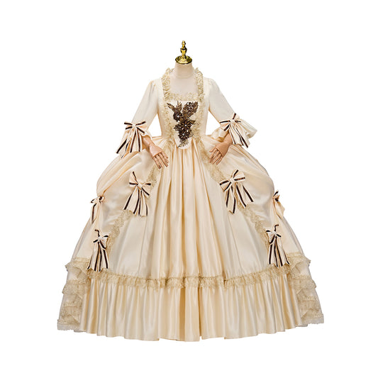 Rococo Style Beige Satin Gown with Puff Sleeves Bow Embellishments Layered Flared Skirt for Historical Reenactments Royal Court  Halloween Christmas