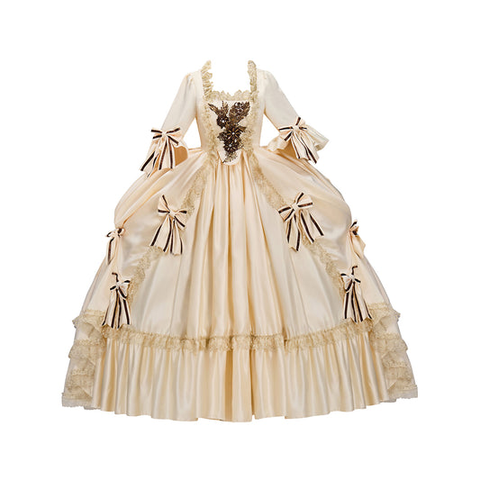 Rococo Style Beige Satin Gown with Puff Sleeves Bow Embellishments Layered Flared Skirt for Historical Reenactments Royal Court  Halloween Christmas