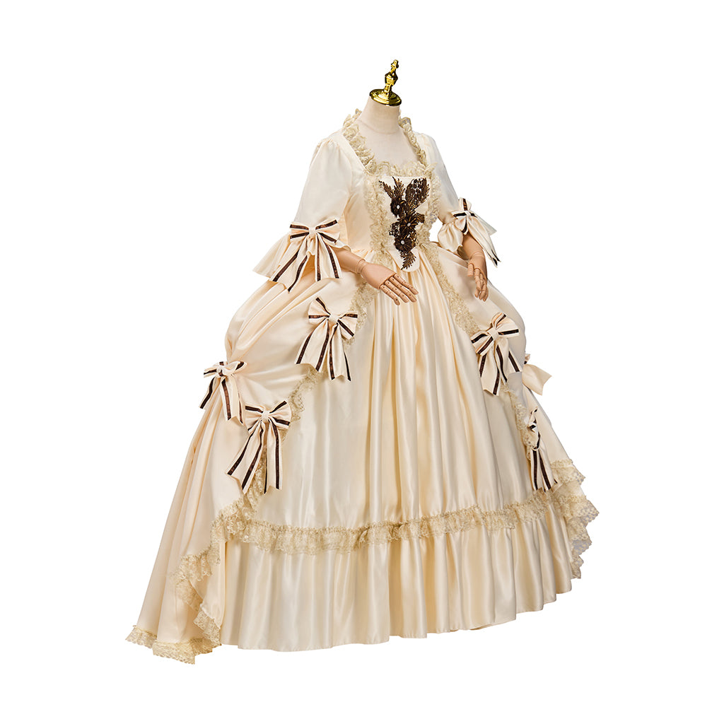 Rococo Style Beige Satin Gown with Puff Sleeves Bow Embellishments Layered Flared Skirt for Historical Reenactments Royal Court  Halloween Christmas