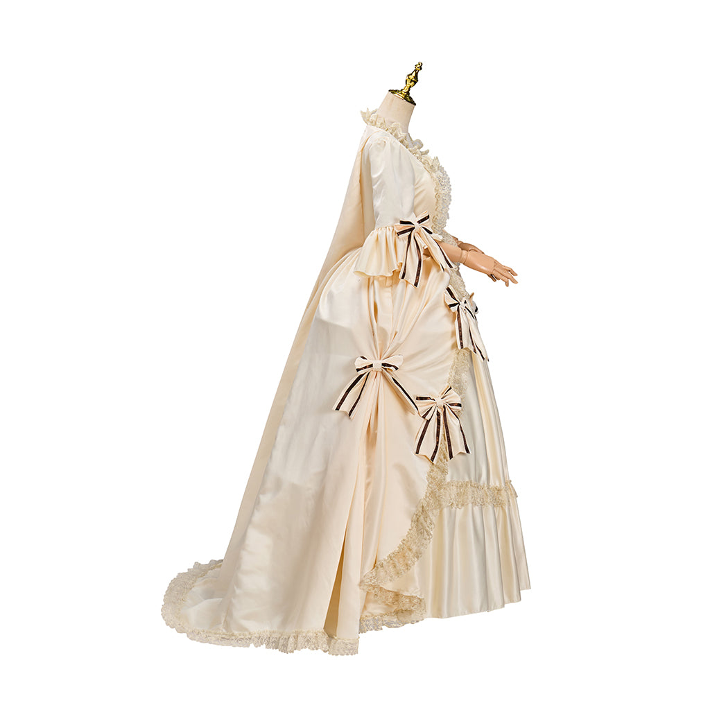 Rococo Style Beige Satin Gown with Puff Sleeves Bow Embellishments Layered Flared Skirt for Historical Reenactments Royal Court  Halloween Christmas