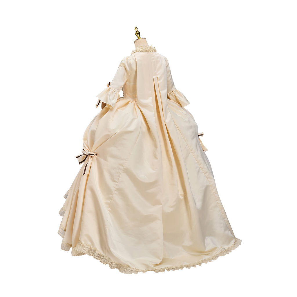Rococo Style Beige Satin Gown with Puff Sleeves Bow Embellishments Layered Flared Skirt for Historical Reenactments Royal Court  Halloween Christmas