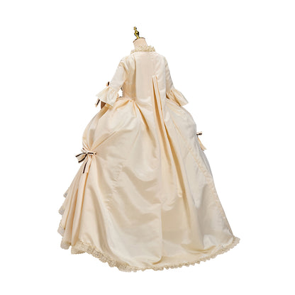 Rococo Style Beige Satin Gown with Puff Sleeves Bow Embellishments Layered Flared Skirt for Historical Reenactments Royal Court  Halloween Christmas