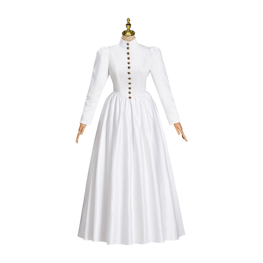 Victorian Style White Satin Gown with Long Sleeves Back Button Closure and Fitted Floor Length Skirt for Historical Halloween Christmas
