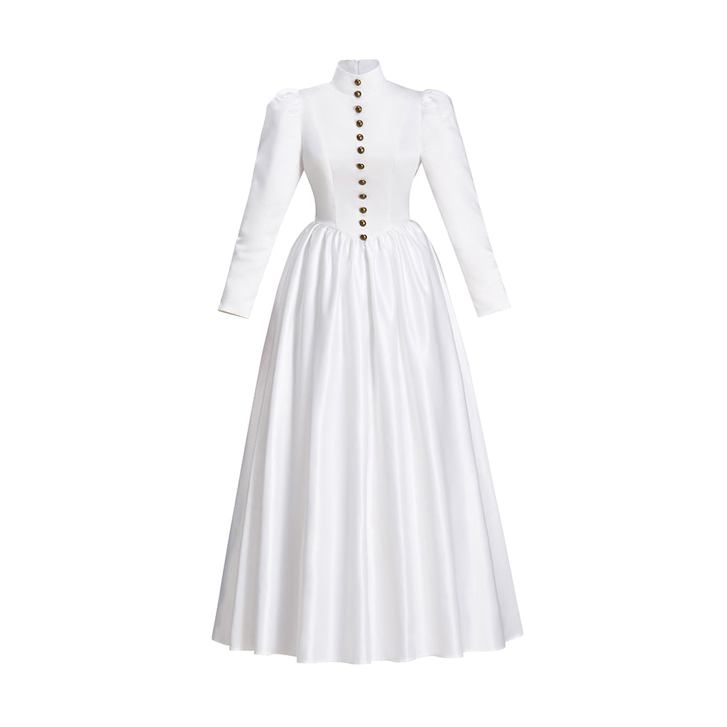 Victorian Style White Satin Gown with Long Sleeves Back Button Closure and Fitted Floor Length Skirt for Historical Halloween Christmas