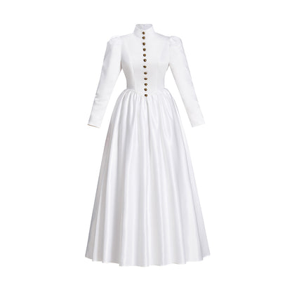 Victorian Style White Satin Gown with Long Sleeves Back Button Closure and Fitted Floor Length Skirt for Historical Halloween Christmas