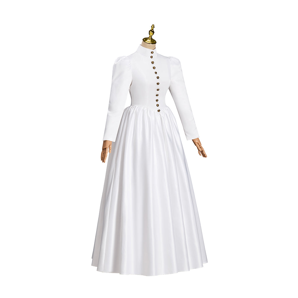 Victorian Style White Satin Gown with Long Sleeves Back Button Closure and Fitted Floor Length Skirt for Historical Halloween Christmas