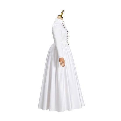 Victorian Style White Satin Gown with Long Sleeves Back Button Closure and Fitted Floor Length Skirt for Historical Halloween Christmas