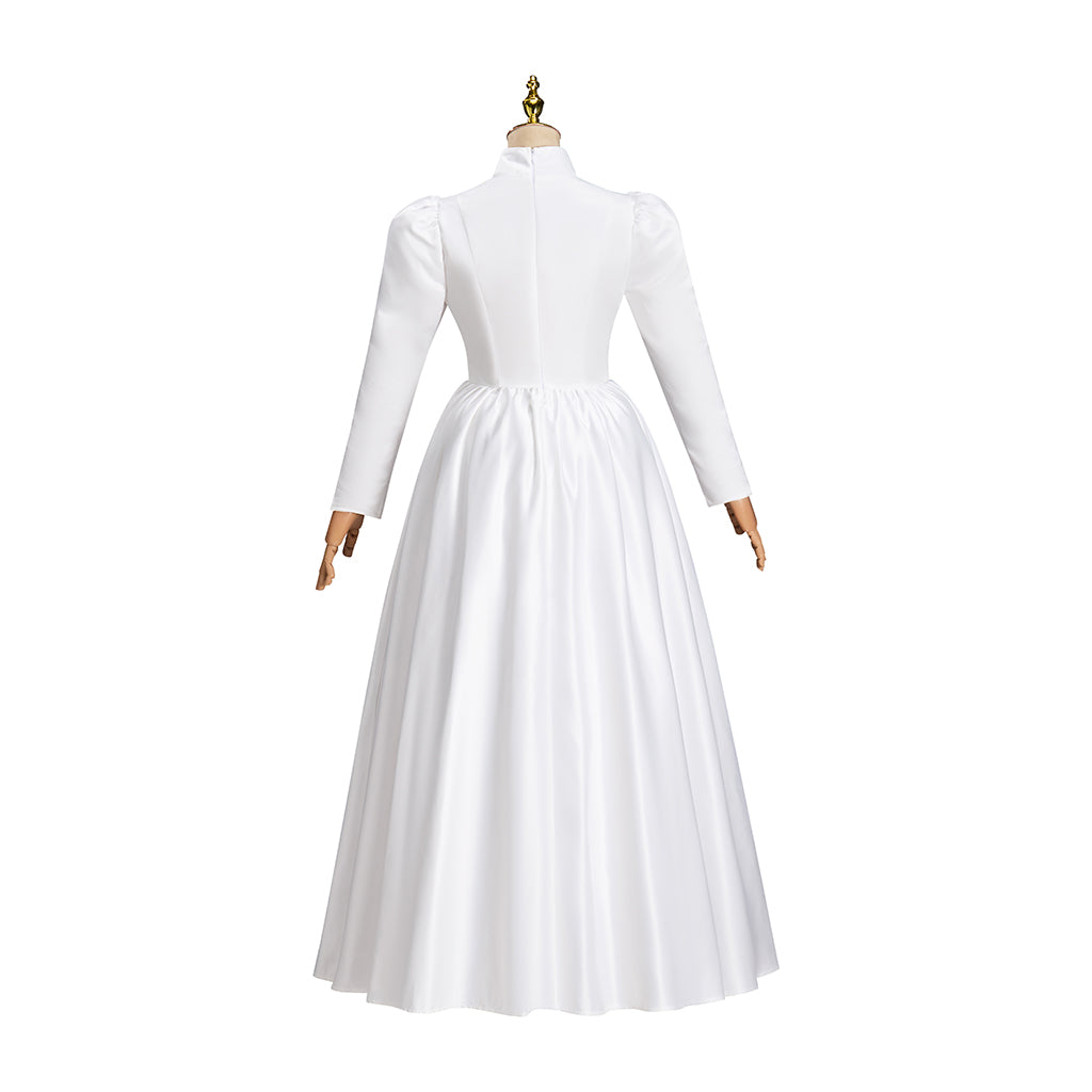 Victorian Style White Satin Gown with Long Sleeves Back Button Closure and Fitted Floor Length Skirt for Historical Halloween Christmas