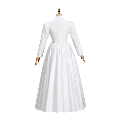 Victorian Style White Satin Gown with Long Sleeves Back Button Closure and Fitted Floor Length Skirt for Historical Halloween Christmas