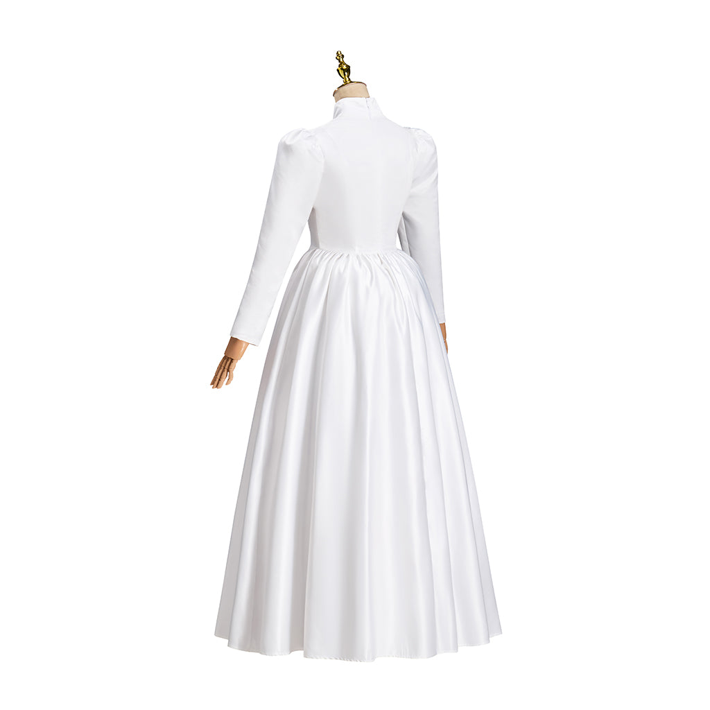 Victorian Style White Satin Gown with Long Sleeves Back Button Closure and Fitted Floor Length Skirt for Historical Halloween Christmas