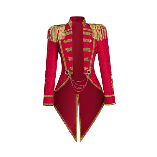 Medieval Military Style Scarlet Red Tailcoat with Gold Trim and Epaulets for Historical Reenactments Theatrical Performances Halloween Christmas