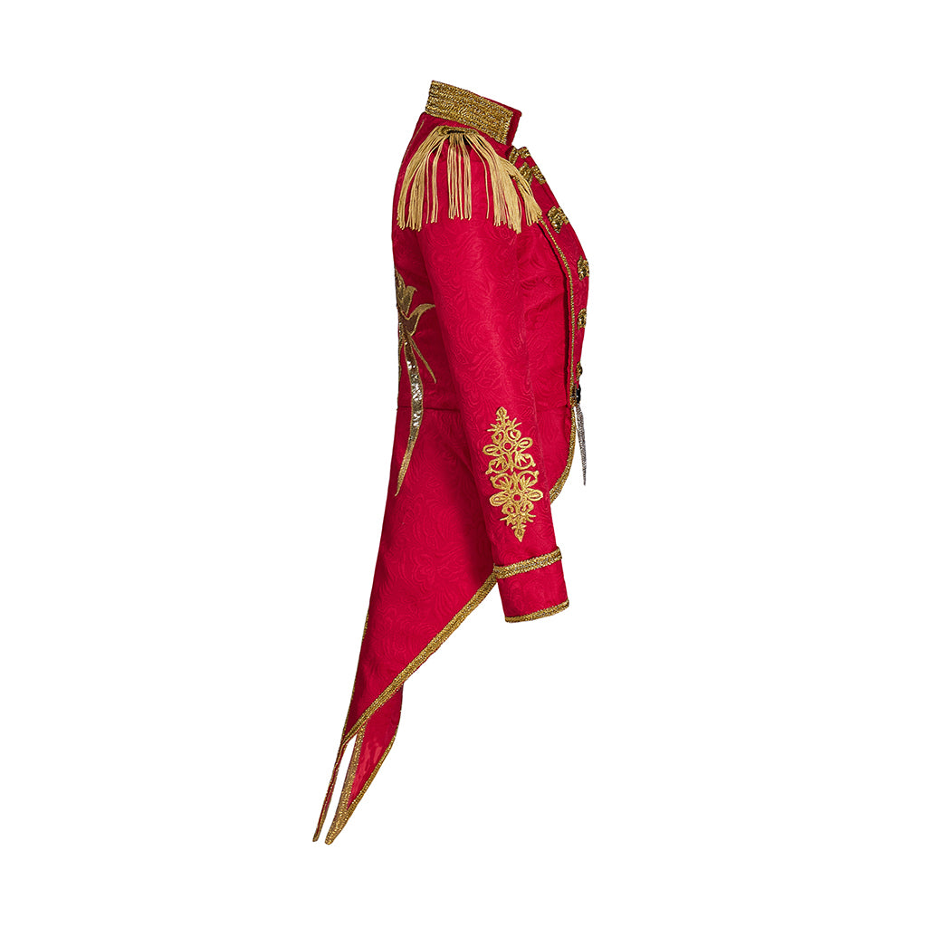 Medieval Military Style Scarlet Red Tailcoat with Gold Trim and Epaulets for Historical Reenactments Theatrical Performances Halloween Christmas