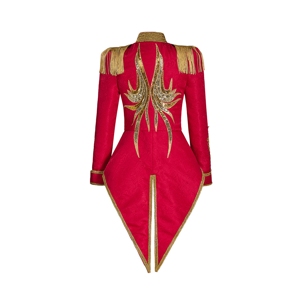 Medieval Military Style Scarlet Red Tailcoat with Gold Trim and Epaulets for Historical Reenactments Theatrical Performances Halloween Christmas