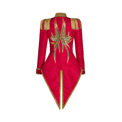 Medieval Military Style Scarlet Red Tailcoat with Gold Trim and Epaulets for Historical Reenactments Theatrical Performances Halloween Christmas