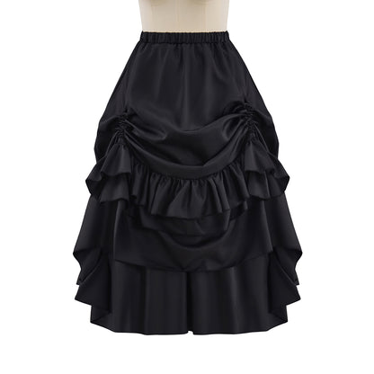 Victorian Style Black Satin Layered Ruffled Bustle Skirt for Historical Reenactments Royal Court Themed Gatherings Halloween Christmas