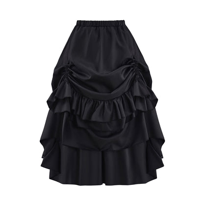 Victorian Style Black Satin Layered Ruffled Bustle Skirt for Historical Reenactments Royal Court Themed Gatherings Halloween Christmas