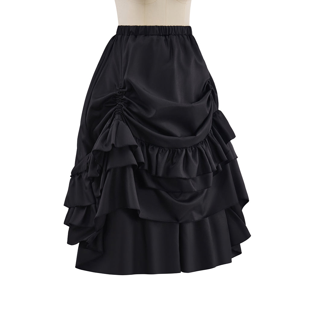 Victorian Style Black Satin Layered Ruffled Bustle Skirt for Historical Reenactments Royal Court Themed Gatherings Halloween Christmas