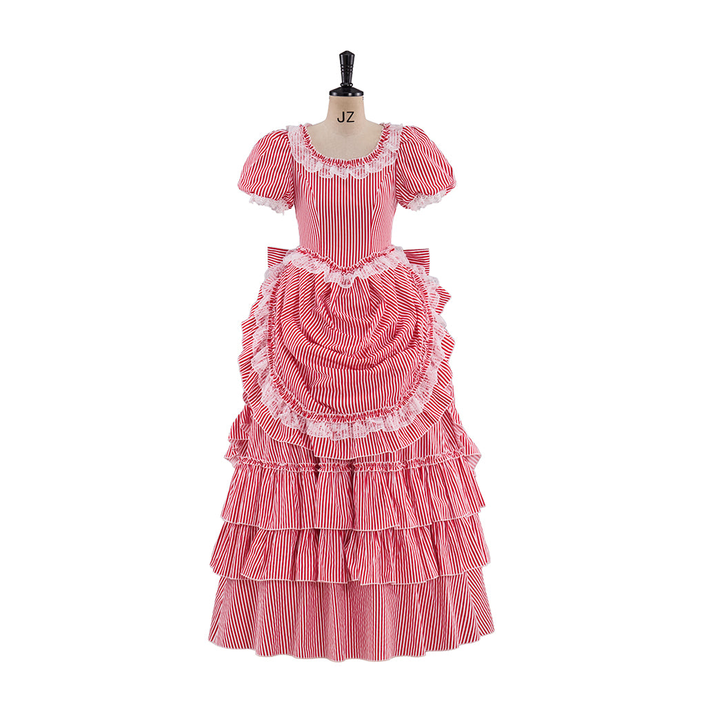 Renaissance Blush Pink Puff Sleeved Tiered Ruffled Satin Gown for Historical Reenactments Theatrical Performances  Halloween Celebrations