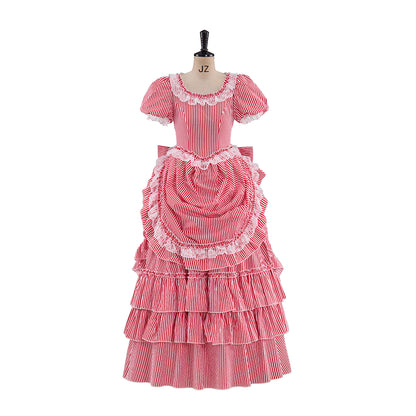 Renaissance Blush Pink Puff Sleeved Tiered Ruffled Satin Gown for Historical Reenactments Theatrical Performances  Halloween Celebrations
